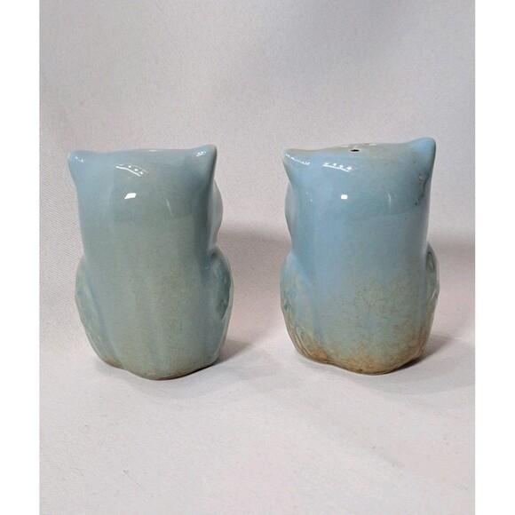 Glazed Ceramic Owl Salt and Pepper Shakers S&P Blue and Tan Unused CUTE - Picture 4 of 9